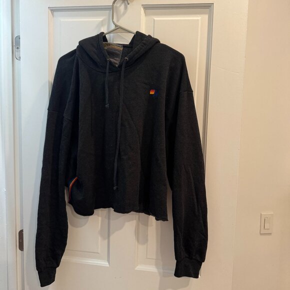 Aviator Nation Sweaters - Aviator Nation Cropped Charcoal Hoodie with Stripes